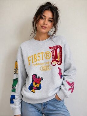 First Row Art Dealer Fleece Pullover Gray Embroidered Streetwear Sweatshirt L
